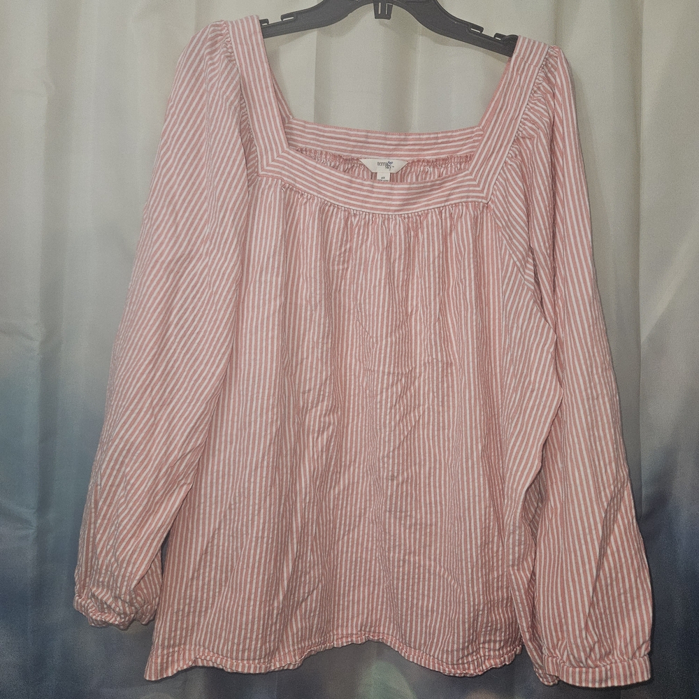 Terra & Sky Peach Pin-Striped AlignedBlouse with Squared Collar 2x Like New